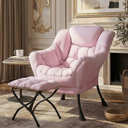 Pink cushioned lounge chair and matching footstool with a black metal frame