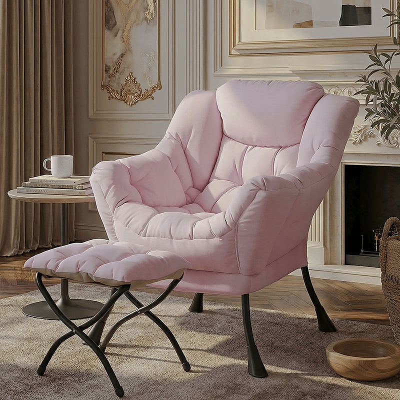 Pink cushioned lounge chair and matching footstool with a black metal frame