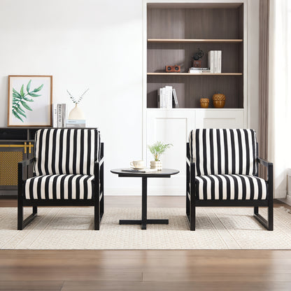 Black and White Striped Wood-Frame Lounge Chair — two striped chairs in a room setting