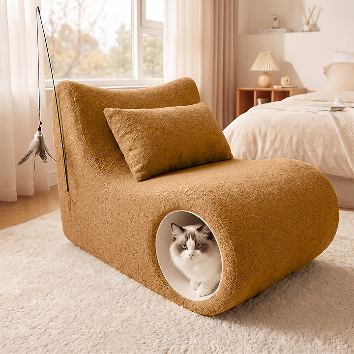 Human and cat bouclé lounge chair in orange