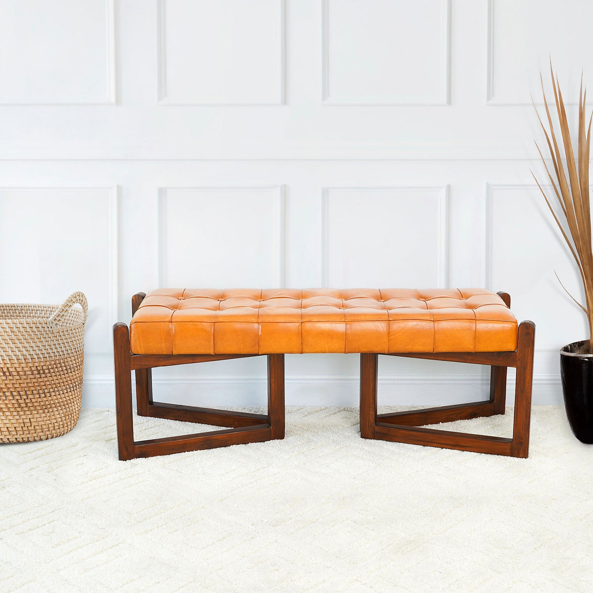 Riley Tan Tufted Bench with Open Wood Frame