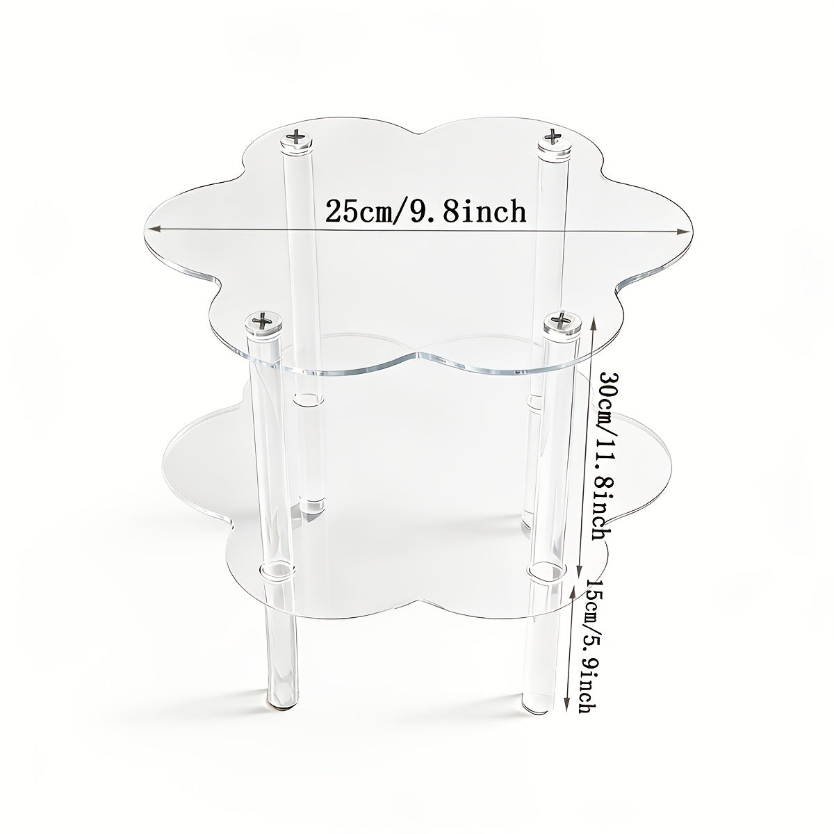 Dimension diagram of the clear cloud-shaped acrylic side table