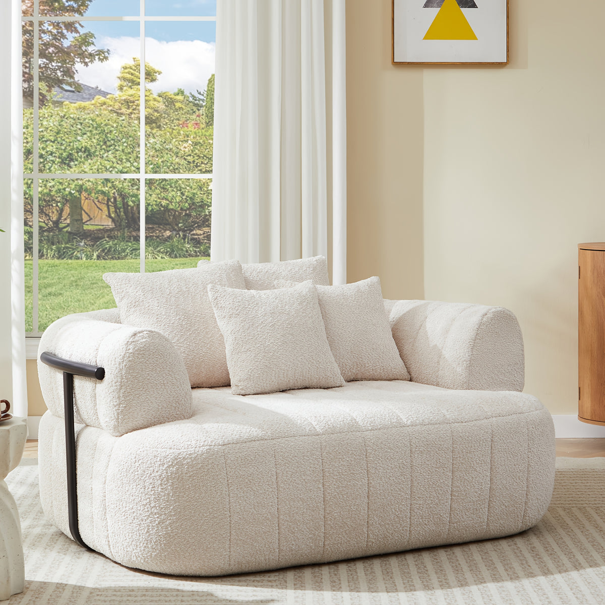 64-Inch Bouclé Deep-Seat Lounge Chair — beige front three-quarter view by a window