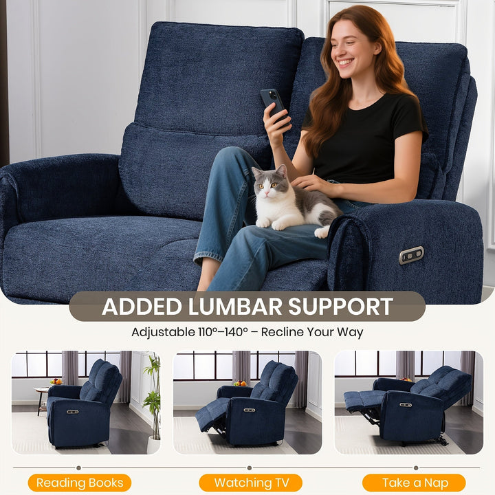 Blue reclining loveseat shown in upright and reclined positions with a lumbar-support feature illustration.