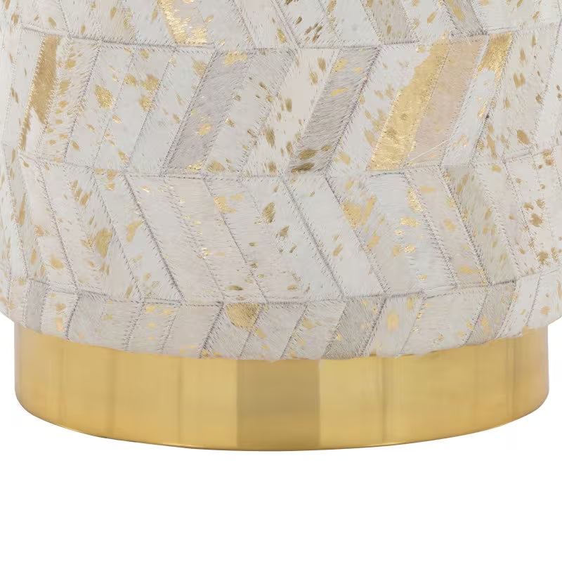 Ivory and Gold Chevron Leather Ottoman — gold-tone metal base and lower upholstery close-up