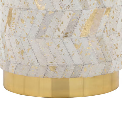 Ivory and Gold Chevron Leather Ottoman — gold-tone metal base and lower upholstery close-up