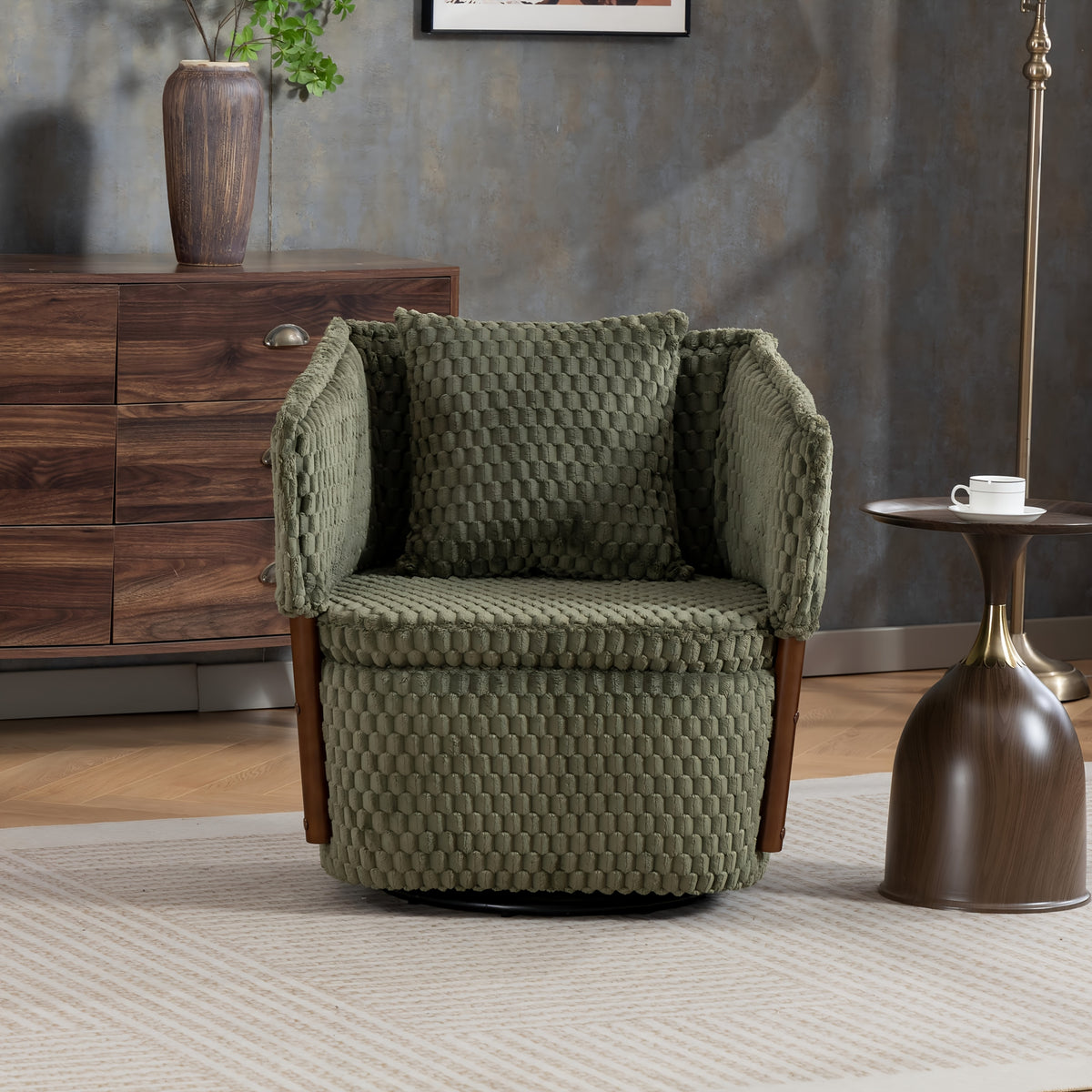 Textured Swivel Accent Chair with Storage — army green textured chair in a room