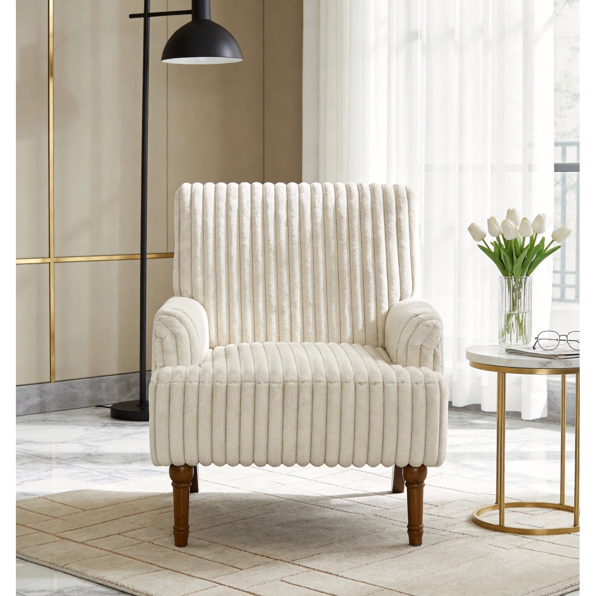 Wide-Wale Corduroy Accent Chair with Wood Legs — beige wide-ribbed chair with turned wood legs