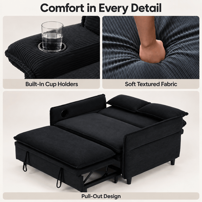 Ribbed Convertible Sleeper Sofa with Cup Holders — cup holders, fabric and pull-out mechanism details.