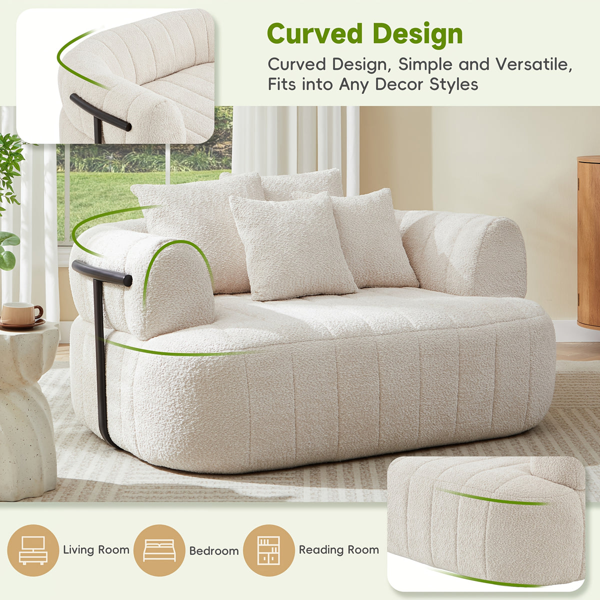64-Inch Bouclé Deep-Seat Lounge Chair — curved arms and rounded base feature collage