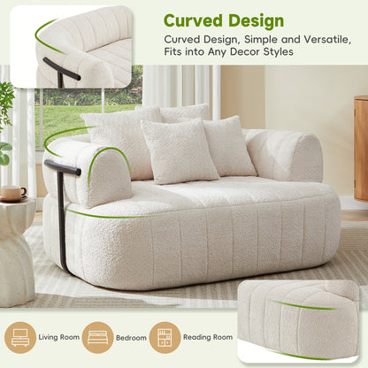 64-Inch Bouclé Deep-Seat Lounge Chair — curved arms and rounded base feature collage