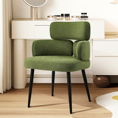 Green chenille accent chair with a segmented padded back and black metal legs