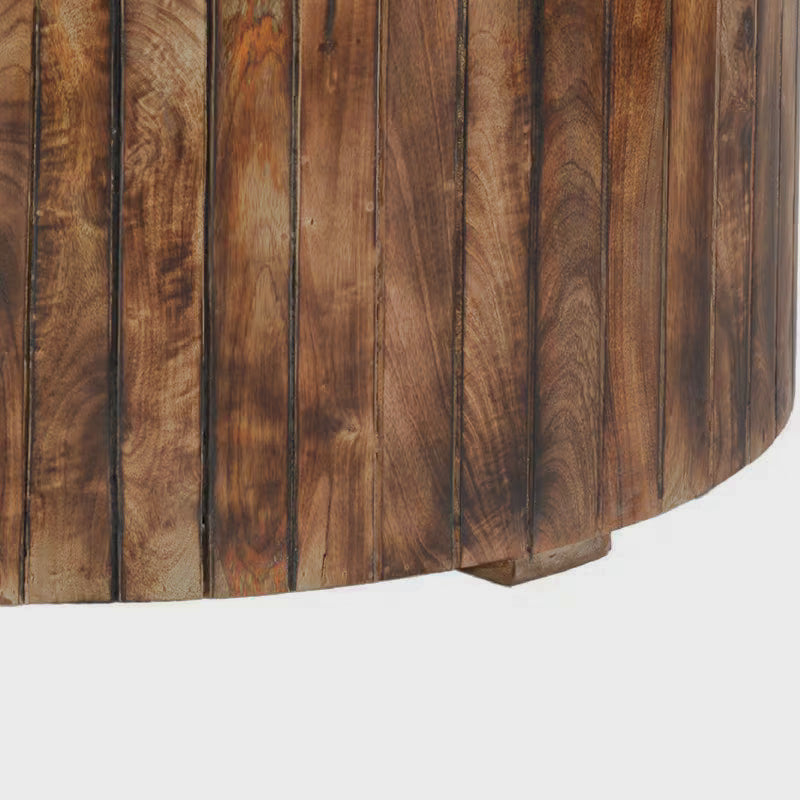 Close-up of the coffee table's brown vertical plank-style side