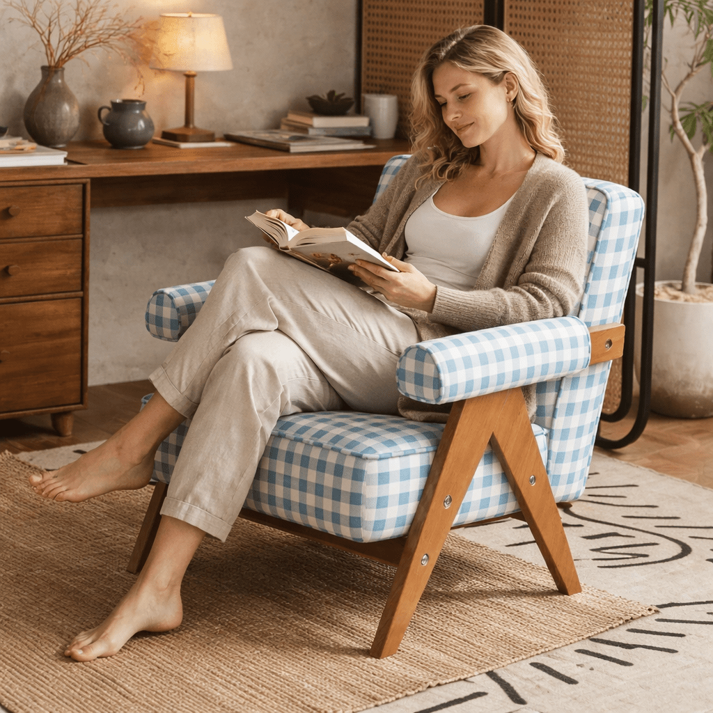 Patterned Accent Chair with Rubberwood Frame — blue gingham chair shown with a seated person