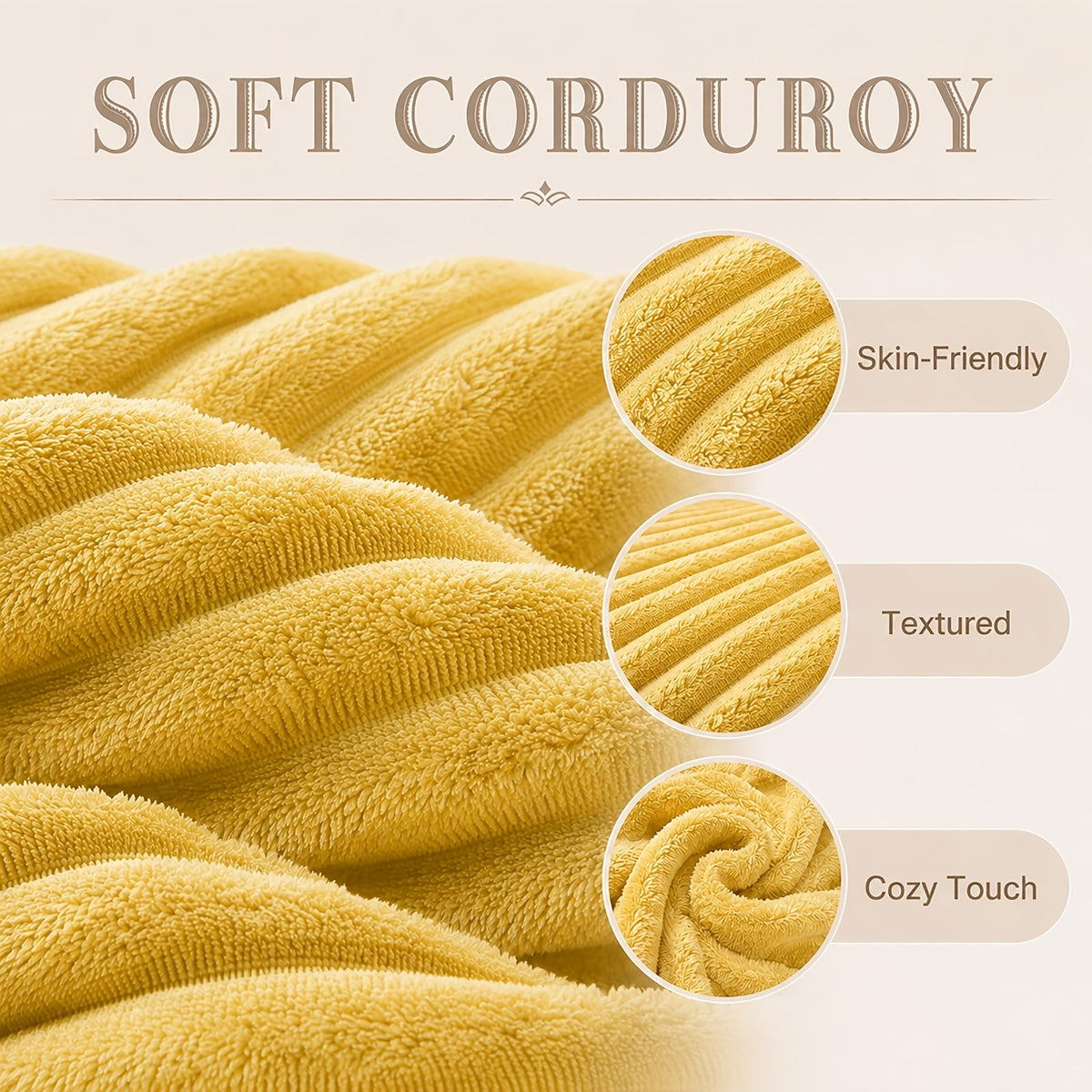 Round Corduroy Bean Bag Chair with Three Pillows — yellow corduroy texture close-up