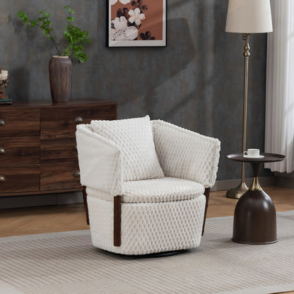 Textured Swivel Accent Chair with Storage — beige chair at an angle beside a table