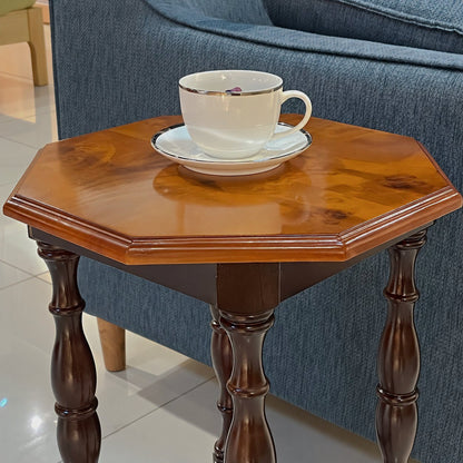 Octagonal Burl-Look Side Table with Turned Legs