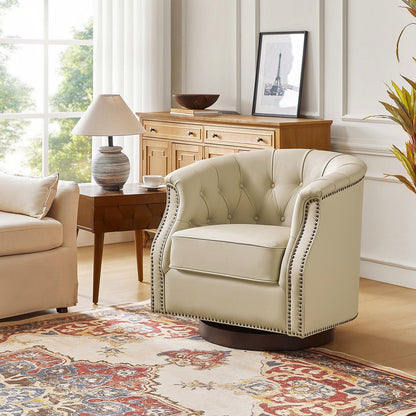 White genuine leather Chesterfield swivel rocking armchair with rolled arms