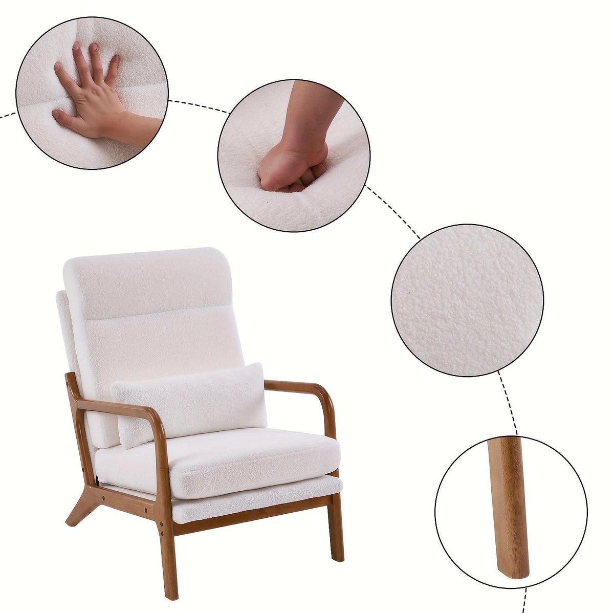 White high back upholstered lounge chair with a warm wood frame
