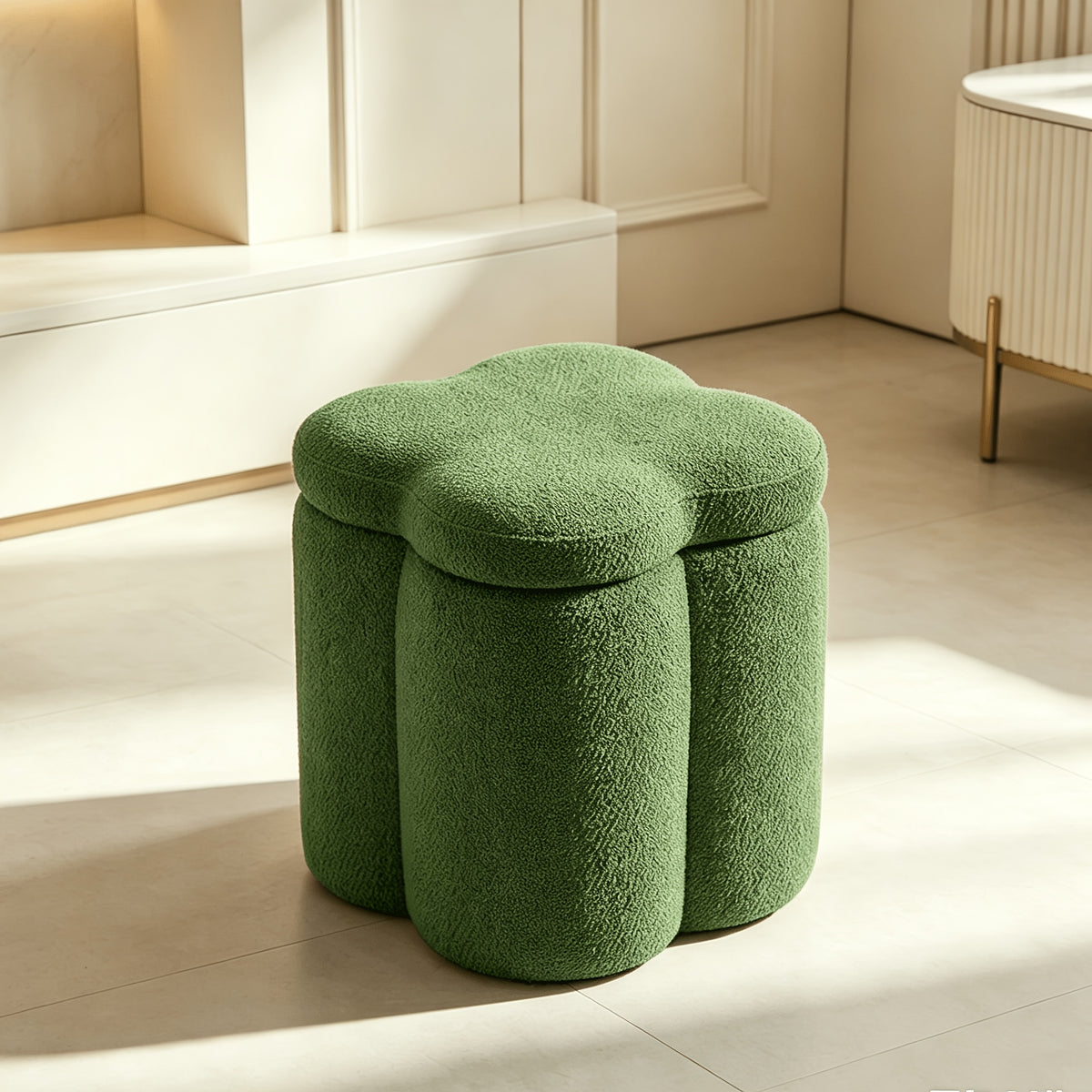 Flower-Petal Chenille Storage Ottoman — green front three-quarter view