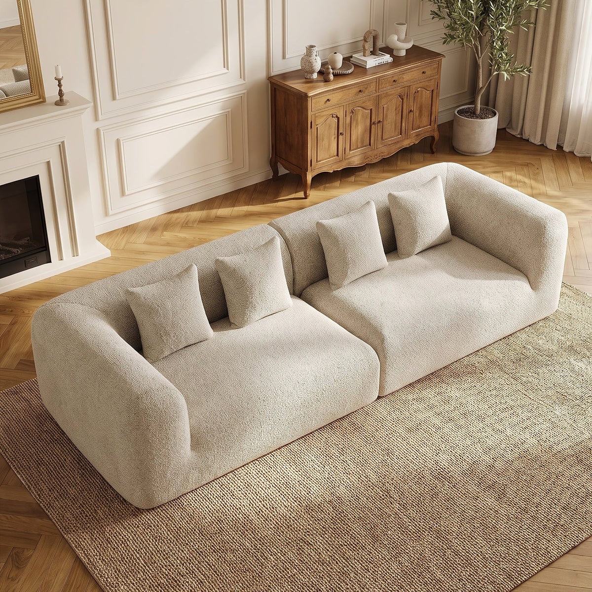Curved Chenille Modular Sofa in Khaki, viewed from above to show the two seating sections.
