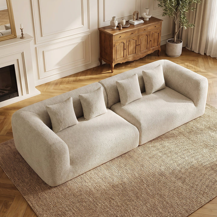 Curved Chenille Modular Sofa in Khaki, viewed from above to show the two seating sections.