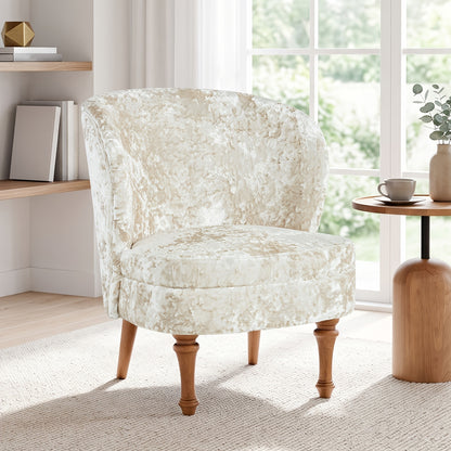 Crushed Velvet Accent Chair with Wood Legs — white chair three-quarter view.