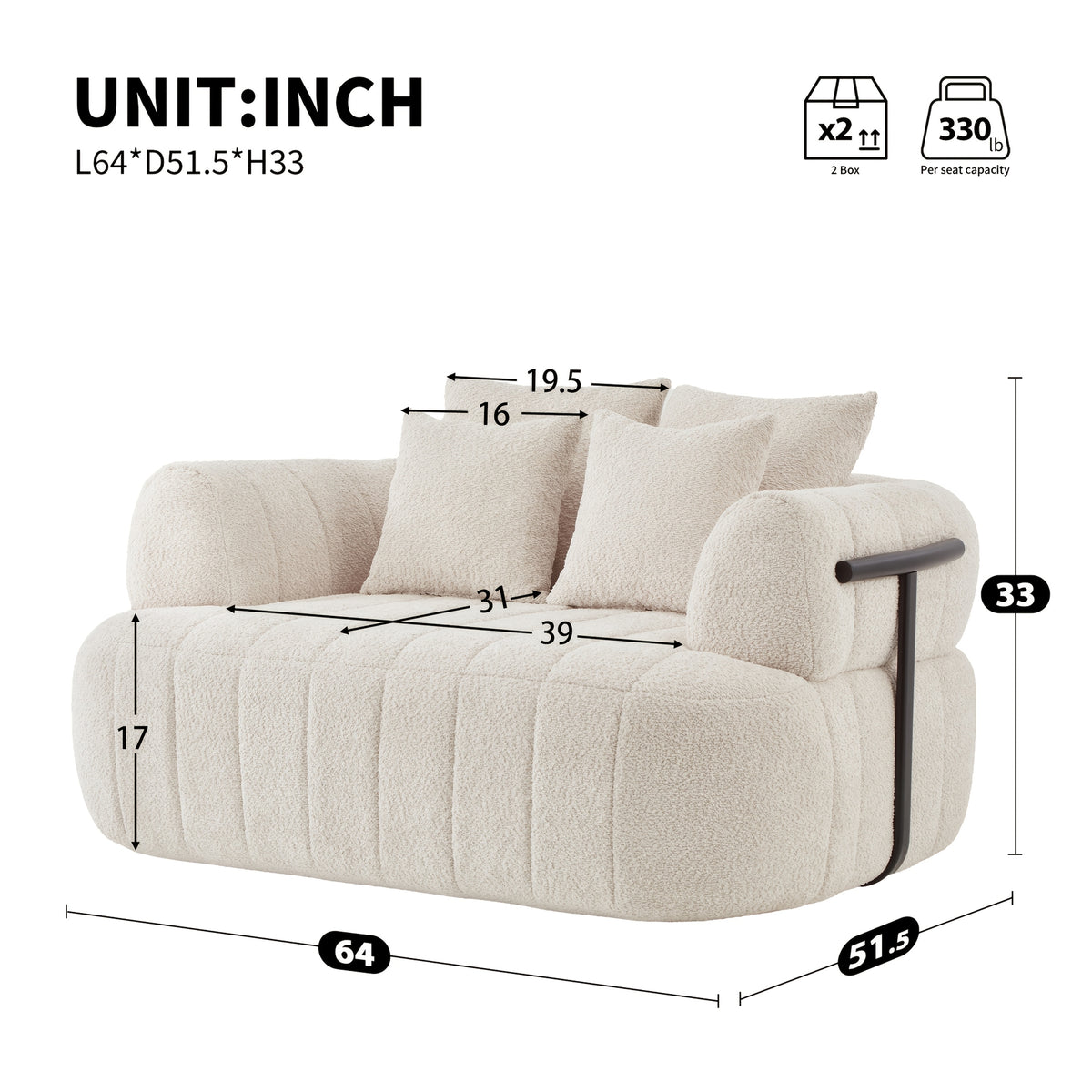 64-Inch Bouclé Deep-Seat Lounge Chair — overall and seat dimensions diagram