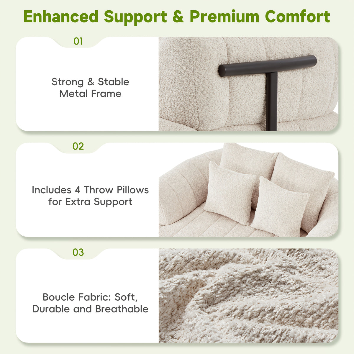 64-Inch Bouclé Deep-Seat Lounge Chair — metal support, four pillows and bouclé texture panel