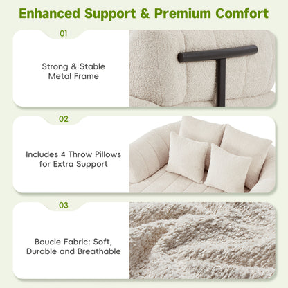 64-Inch Bouclé Deep-Seat Lounge Chair — metal support, four pillows and bouclé texture panel