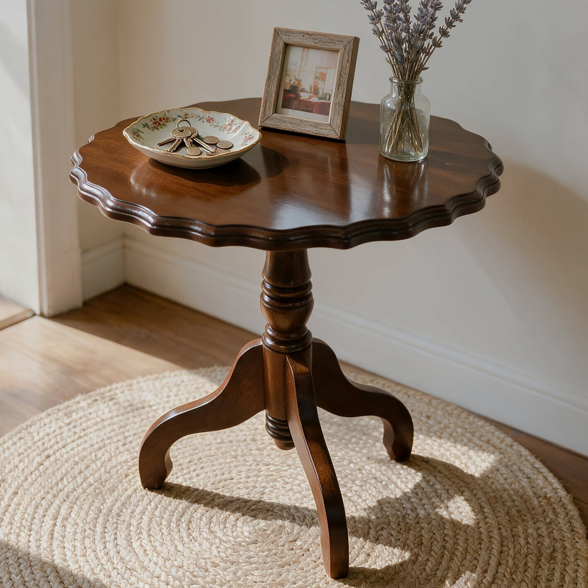 Scalloped Rubberwood Tripod Side Table