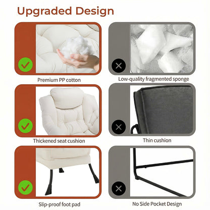 Beige cushioned lounge chair and matching footstool with a black metal frame
