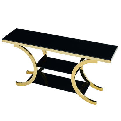 High angle showing the console rectangular black top and open shelf arrangement