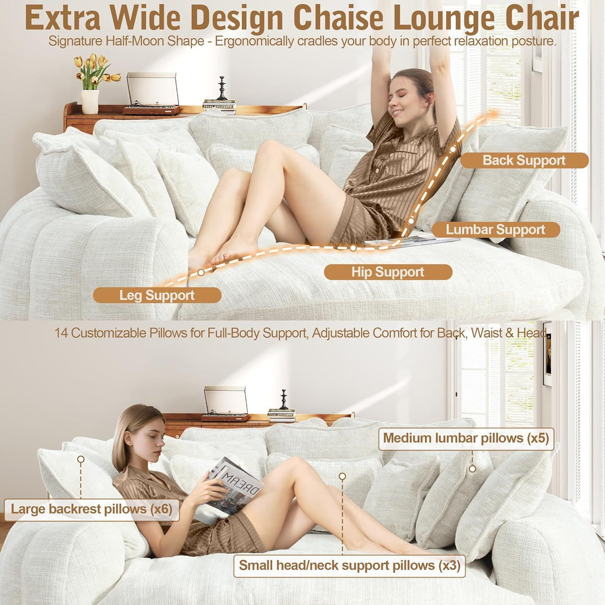Oversized Round Chenille Lounge Sofa — beige lounging and pillow arrangement.