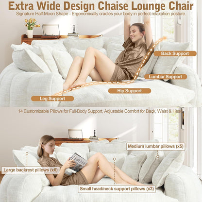 Oversized Round Chenille Lounge Sofa — beige lounging and pillow arrangement.