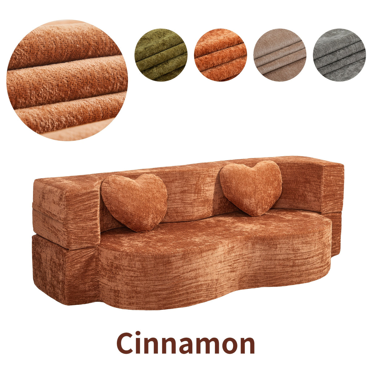 Cinnamon curved-front loveseat with heart pillows and color swatches