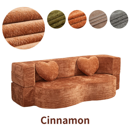 Cinnamon curved-front loveseat with heart pillows and color swatches