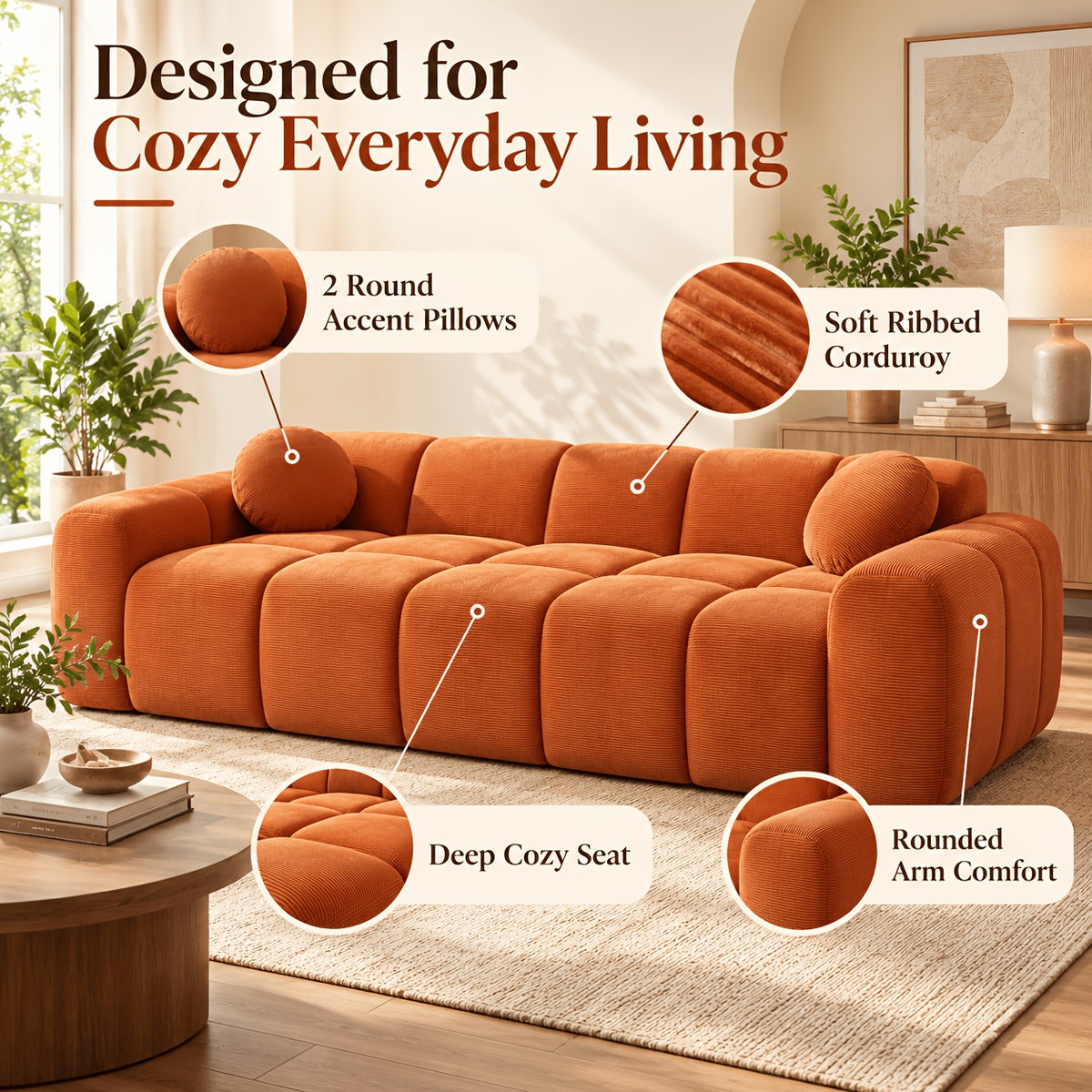 98-Inch Corduroy Low-Profile Sofa — round pillows and rounded arms feature panel