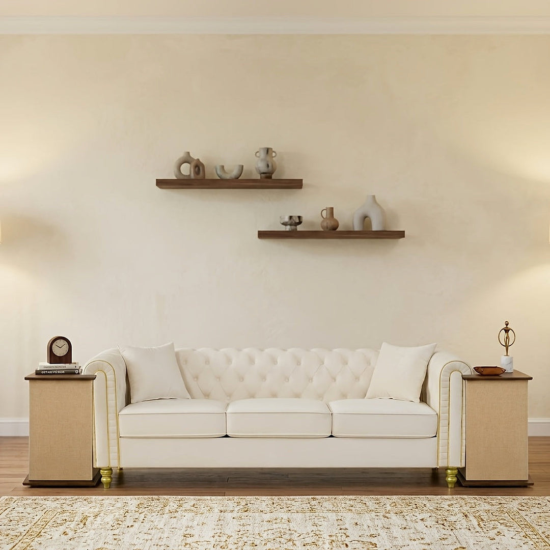 Belmont Beige Velvet Chesterfield Sofa and Side Tables — photo 1