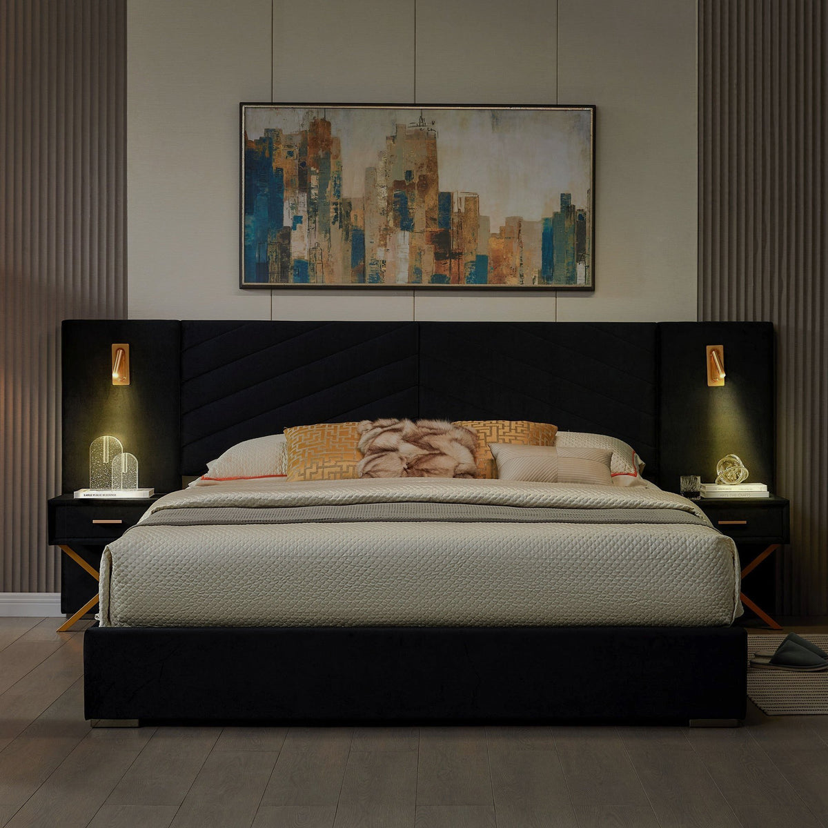 Bronze Black upholstered bed frame with headboard lights and integrated nightstands