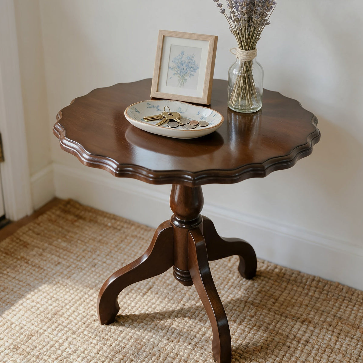 Scalloped Rubberwood Tripod Side Table