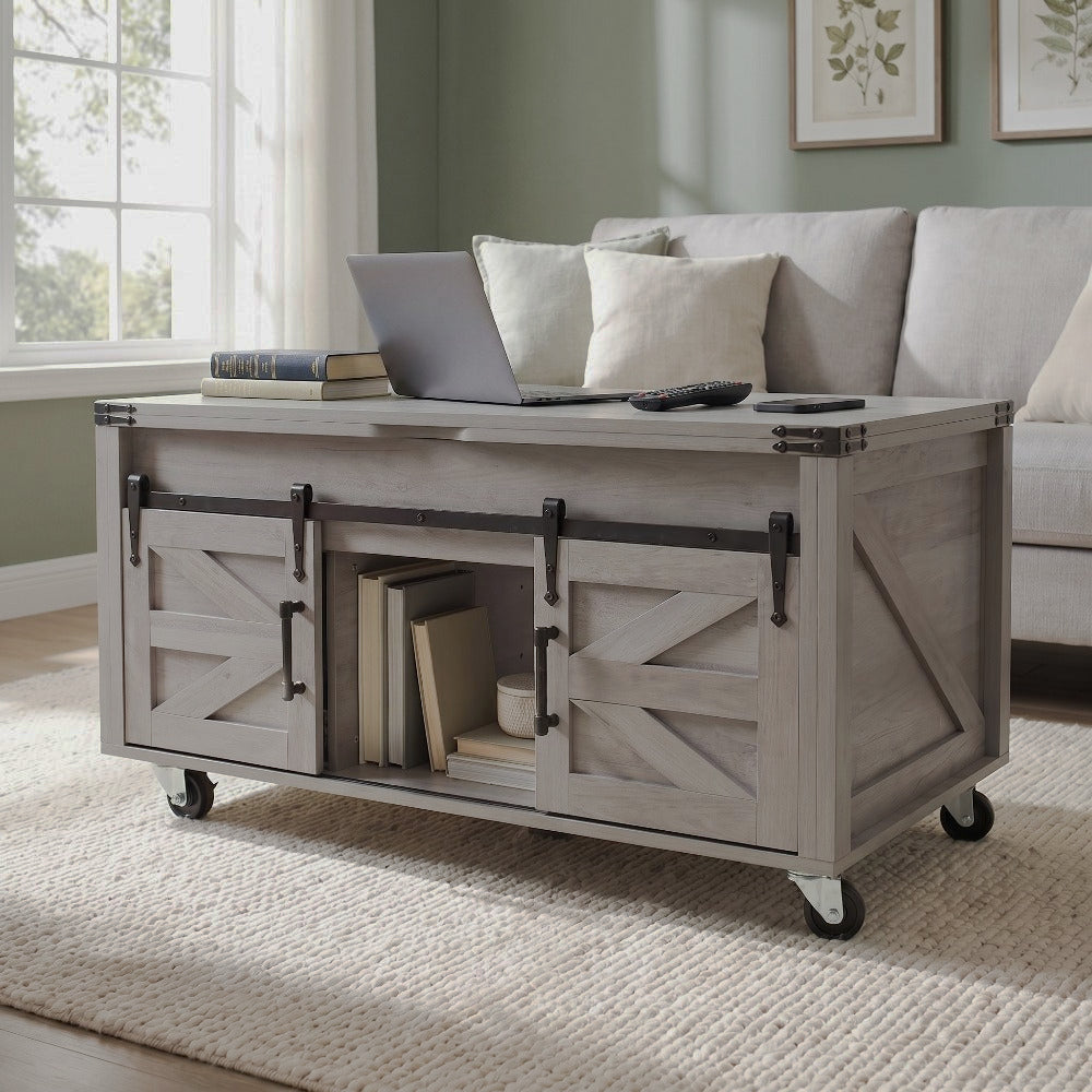 Gray barn-door coffee table on caster wheels