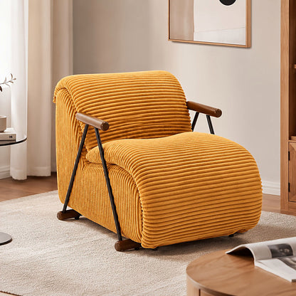 Yellow wide corduroy lounge chair with wood arms and a black metal frame