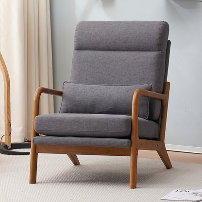 Dark gray linen high back upholstered lounge chair with a warm wood frame