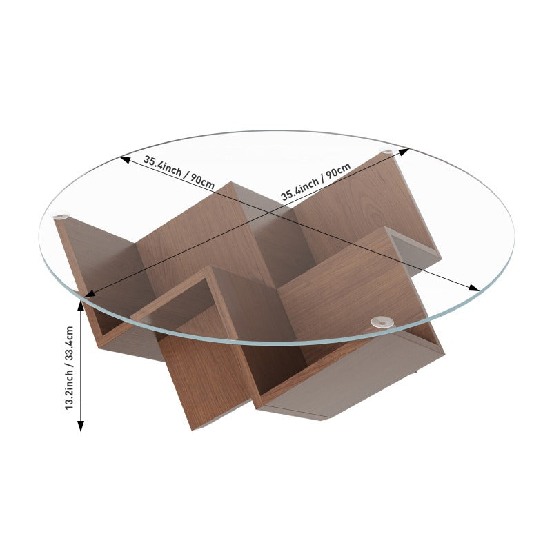 Dimension diagram of the round glass coffee table and geometric storage base