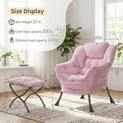 Pink cushioned lounge chair and matching footstool with a black metal frame