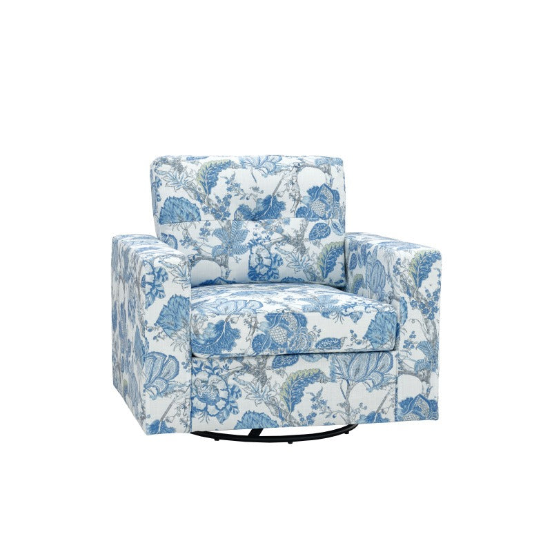 Blue Botanical Swivel Accent Chair — front product view on white.