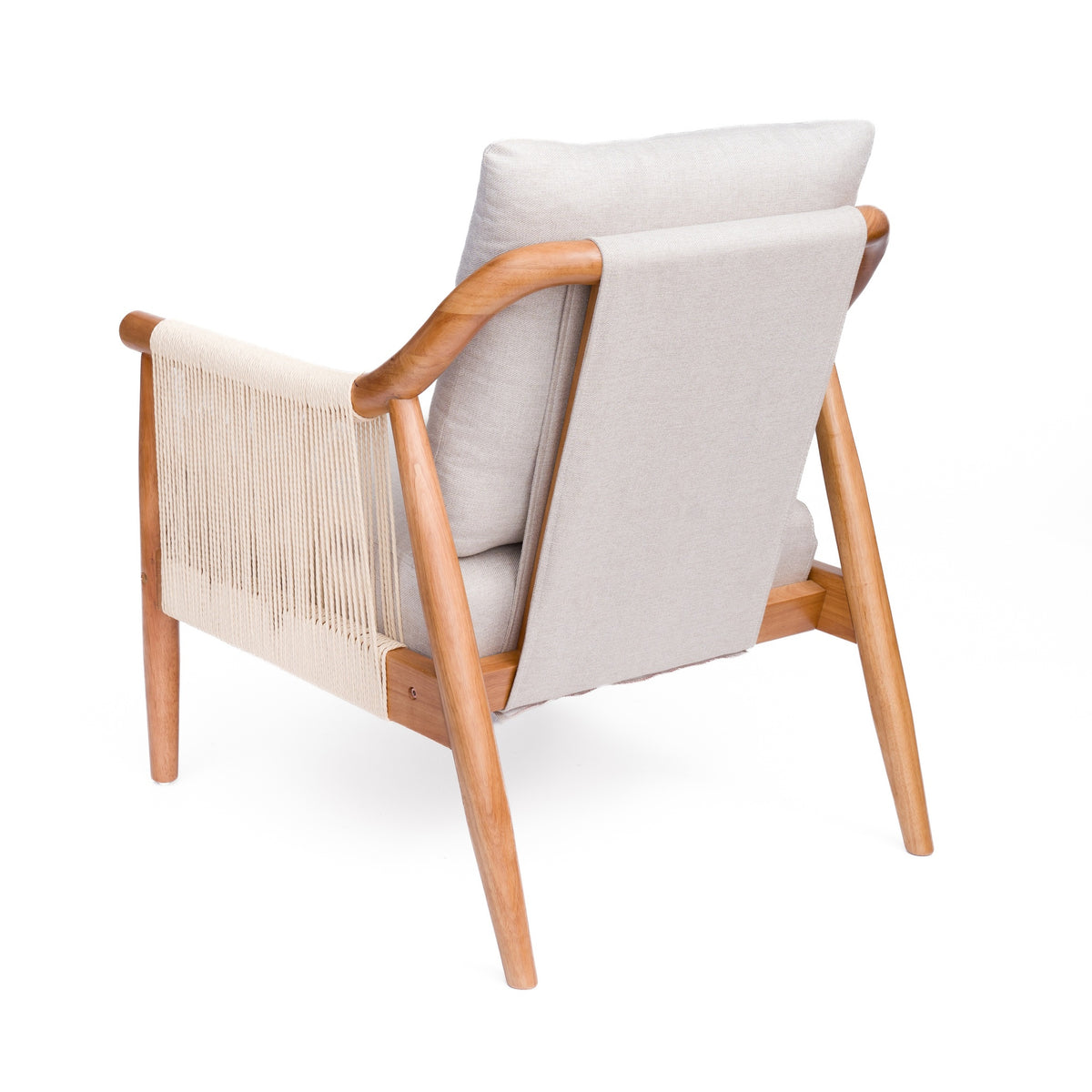 Wood-Frame Accent Chair with Woven Paper-Rope Arms — rear three-quarter view with woven rope arm panel