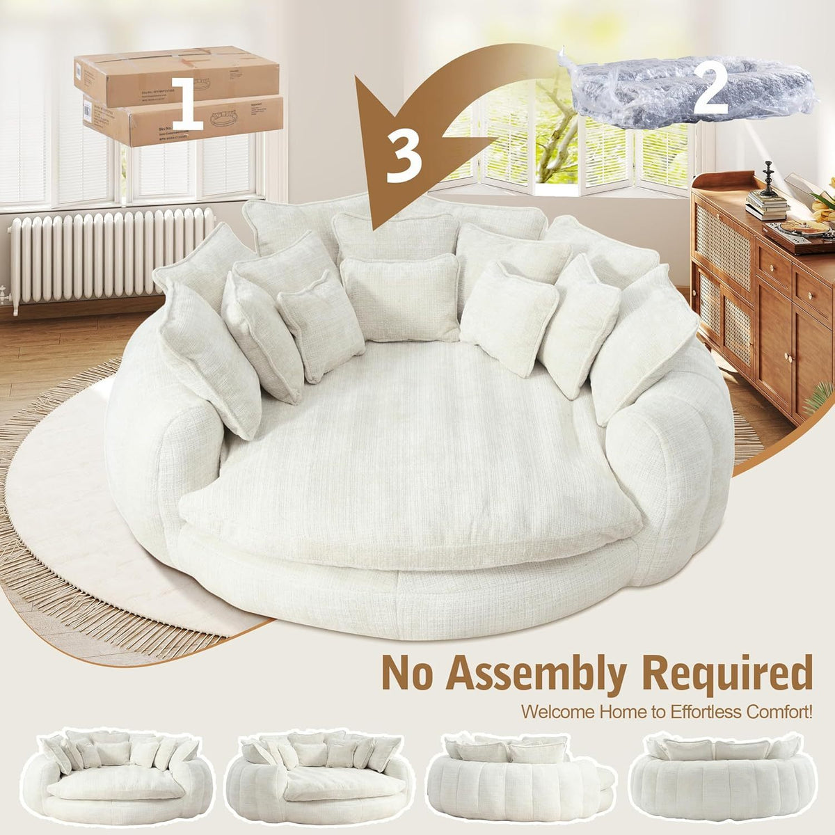 Oversized Round Chenille Lounge Sofa — beige sofa unpacking and shape recovery.