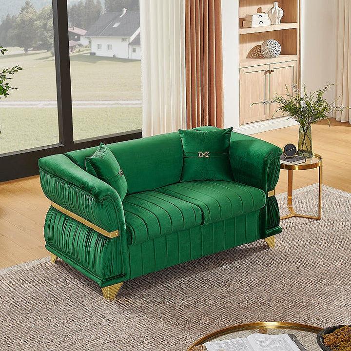 Emerald green velvet loveseat, elevated angled view